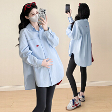批发实拍~2025孕妇装春秋季新款韩版棉中长款大码休闲衬衫时尚潮妈