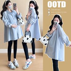 批发实拍~2026孕妇装春秋季新款韩版棉中长款大码休闲衬衫时尚潮妈