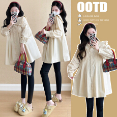 批发实拍~2026品质孕妇装春秋季新款长袖中长款衬衫娃娃衫时尚潮妈