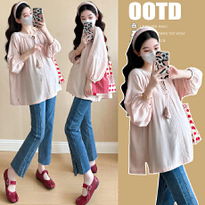 批发实拍~2026品质孕妇春装新款长袖刺绣衬衫娃娃衫时尚外出潮妈