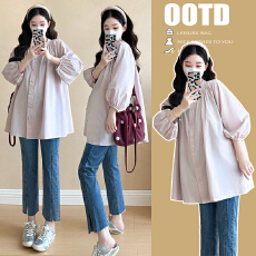 批发实拍~2026品质孕妇装春季新款长袖中长款衬衫娃娃衫时尚潮妈