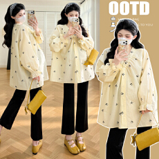 批发实拍~2026品质孕妇装<b class='q'>春</b>季新款长袖中长款衬衫V领娃娃衫时尚潮妈