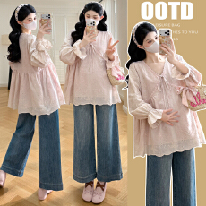 批发实拍~2026品质孕妇<b class='q'>春</b>装新款长袖刺绣衬衫V领娃娃衫时尚外出潮妈