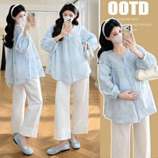 批发实拍~2026品质<b class='q'>春</b>装孕妇装新款刺绣长袖衬衫拼接娃娃衫时尚潮妈