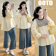 批发实拍~2025新款孕妇秋<b class='q'>春</b>季假两件拼接衬衫时尚潮妈休闲衬衫潮妈