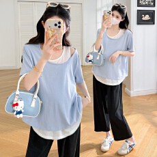 批发实拍~2026品质孕妇装春<b class='q'>夏</b>季新款大码短袖拼接假两件时尚上衣潮妈