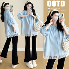 批发实拍~2026春夏孕妇装新款中长款衬衫蕾丝边娃娃衫时尚潮妈上衣