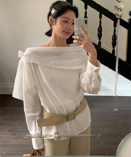 실사 레트로 프랑스식 낭만주의 작은 대중 디자인 센스 보트넥 나비 매듭 품격 긴팔 셔츠