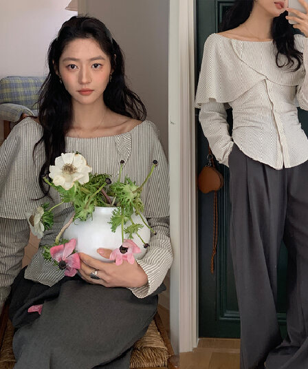 실사 레트로 프랑스식 연꽃 잎 오프숄더 스트라이프 허리 수축 품격 오픈 가디건 긴팔 셔츠