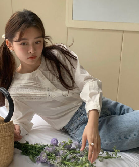 실사 프랑스식 작은 대중 Pleat 측면 레이스 레이스 패치워크 다용도 오픈 가디건 긴팔 셔츠