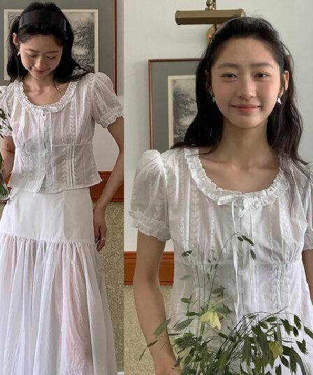 실사 한 부서 달콤함 신선함 레이스 자카드 면 소재 명중 기사 공예 버블 반팔 셔츠