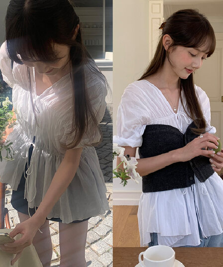 실사 정가 한 부서 다용도 chic 디자인 센스 V넥 레이스업 반팔 순면 마이크로 ~을 통해 의류 셔츠