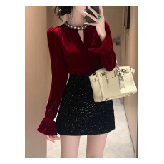 批发贵气感千金气质女神范重要场合<b class='q'>高端</b>精致红色丝绒衬衫<b class='q'>连衣裙</b>套装冬