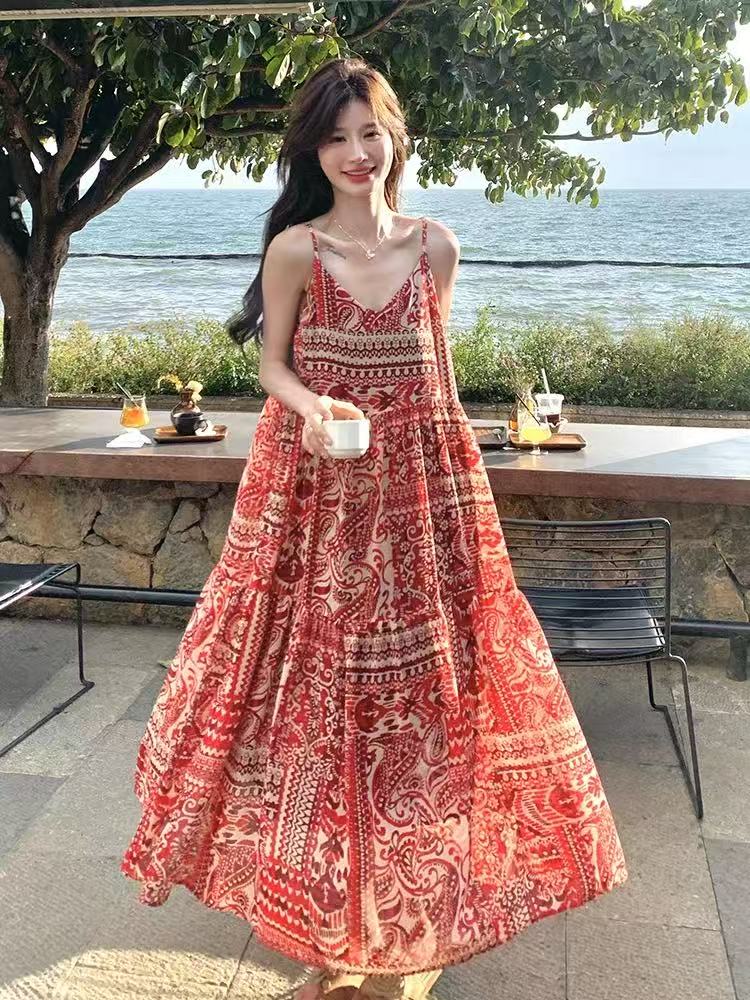 빨간색 휴가 바람 보헤미안 프린트 슬립 여성 드레스 2026 새로운 여름 고급 센스 쉬폰 롱 스커트