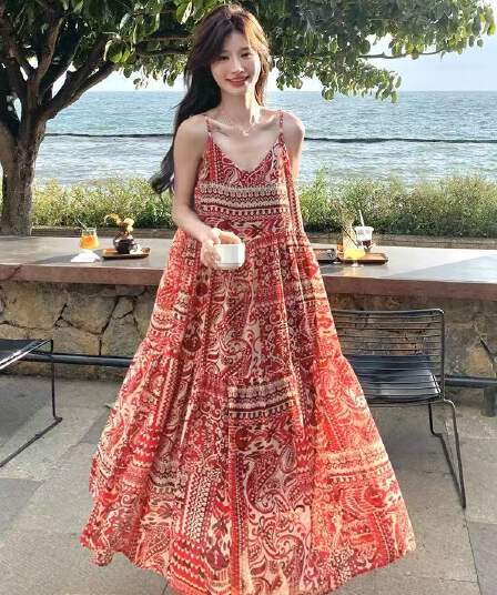 빨간색 휴가 바람 보헤미안 프린트 슬립 여성 드레스 2026 새로운 여름 고급 센스 쉬폰 롱 스커트