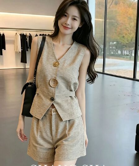 여름 품격 영국식 바람 스트랩 고급 센스 허리 수축 얇은 스타일 V넥 베스트 조끼 자켓 여성 의류