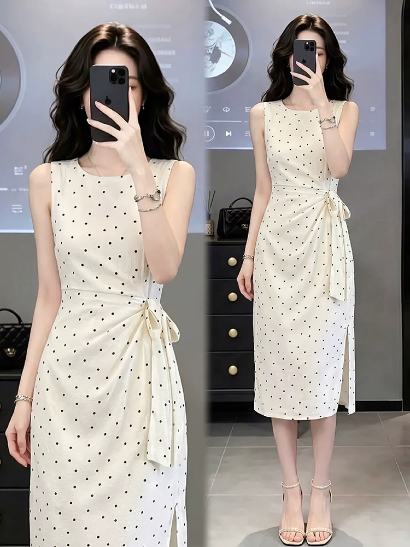 민소매 허리 수축 도트 무늬 조끼 여성 드레스 2026 여름 특별 아름다운 꼬집기 허리 치마