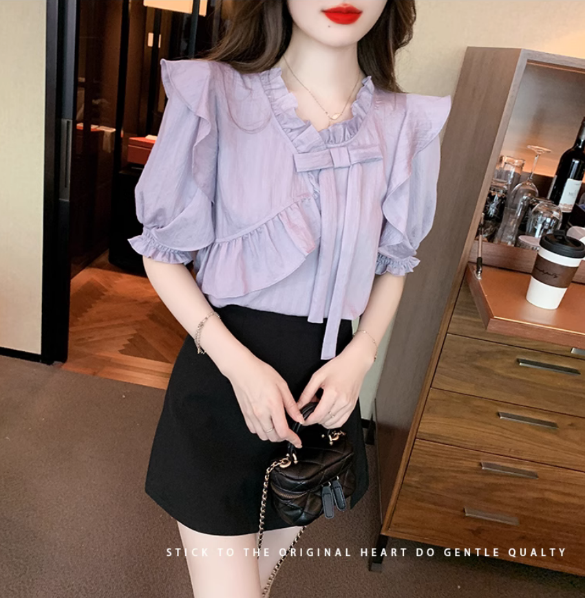 2026 여름 드레스 새로운 빅 사이즈 부드러운 바람 반팔 셔츠 작은 대중 디자인 센스 프릴 아름다운 다용도 맨위 여성