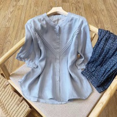 批发<b class='q'>夏</b>装新款大码女装韩版纯棉立领宽松轻薄简约洋气短袖衬衣女