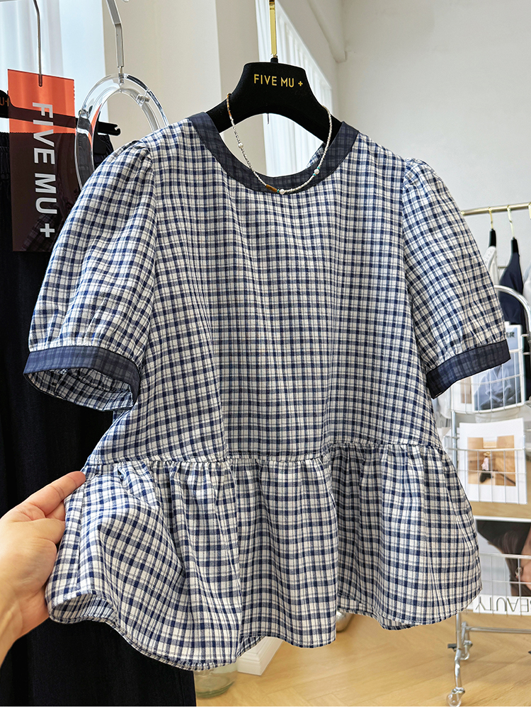 일본과 한국 대외 무역 한 부서 빛 럭셔리 연령 감소 라운드 넥 반팔 인형 셔츠 레트로 격자 무늬 셔츠 슈퍼 잘 생긴 치마 작은 셔츠