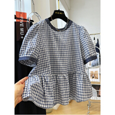 批发日韩外贸韩系轻奢减龄圆领短袖娃娃衫复古格子<b class='q'>衬衫</b>超好看裙摆小衫