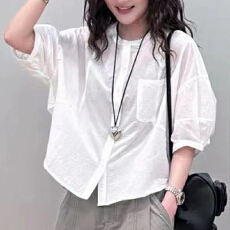 批发夏装新款大码女装韩版轻奢简约气质网纱中袖棉麻轻薄透款衫