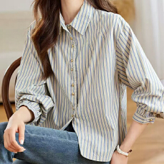 批发2026早春大码女装条纹衬衫长袖珍珠扣<b class='q'>上衣</b>韩版休闲宽松<b class='q'>上衣</b>