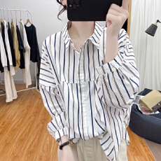 批发春装新款大码女装复古条纹蝙蝠袖纯棉条纹<b class='q'>长袖</b>衬衫女减龄上衣