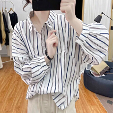 批发2026早秋大码女装复古条纹蝙蝠袖纯棉条纹<b class='q'>长袖</b>衬衫女减龄上衣