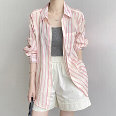 批发2026早春高级感粉色竖条纹衬衫宽松休闲百搭开衫亚麻上衣