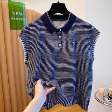 批发韩国高级感条纹针织t恤女短袖新款宽松别致小飞袖POLO领上衣
