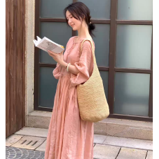 批发2026早春大码女装粉色纯苎麻纯色大码V领系带<b class='q'>连衣裙</b>宽松女裙子