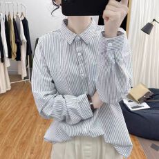 批发秋装新款大码条纹长袖衬衫文艺复古<b class='q'>通勤</b>百搭上衣港味宽松衬衣女