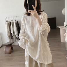 批发2026早春<b class='q'>大码</b>圆领衬衫<b class='q'>宽松</b><b class='q'>大码</b>显瘦简约小众设计感减龄苎麻上衣