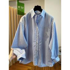 批发秋高级感欧货高级感蓝色条纹<b class='q'>衬衫</b>宽松大版洋气<b class='q'>蕾丝</b>拼接上衣