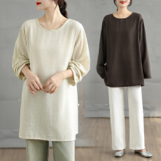 批发实拍2026早春圆领衬衫宽松大码显瘦简约小众设计感减龄苎麻上衣