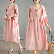 批发实拍2026早春UMv领系带裙子女新款文艺慵懒风宽松大摆长款连衣裙