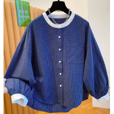 批发2026早春大码女装韩版撞色减龄格子圆领宽松大码灯笼袖衬衫