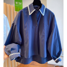 批发2026早春韩版刺绣撞色拼接翻领长袖衬衫女减龄宽松显瘦衬衣上衣