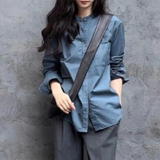 批发<b class='q'>秋</b>装新款雾霾蓝叠穿长袖衬衫冷淡系高级感时髦气质宽松衬衣上衣