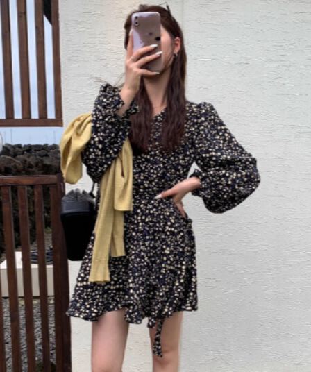 실사 2026 가을 한국 chic 가을 프랑스식 꽃무늬 여성 드레스 레이스업 슬림해 보이는 드레스