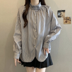 批发已出货 实拍秋装新款大码女装法式条纹<b class='q'>立领</b>长袖衬衫设计感上衣