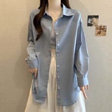 批发已出货 实拍秋装纯棉蓝色长袖<b class='q'>衬衫</b><b class='q'>女</b>上衣通勤穿搭休闲蓝<b class='q'>衬衣</b>外套