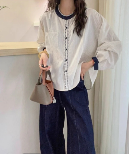 가을 의상 새로운 한 부서 슈퍼 잘 생긴 배색 라운드 넥 스트라이프 긴팔 셔츠 고급 센스 chic Chic 맨위 작은 셔츠