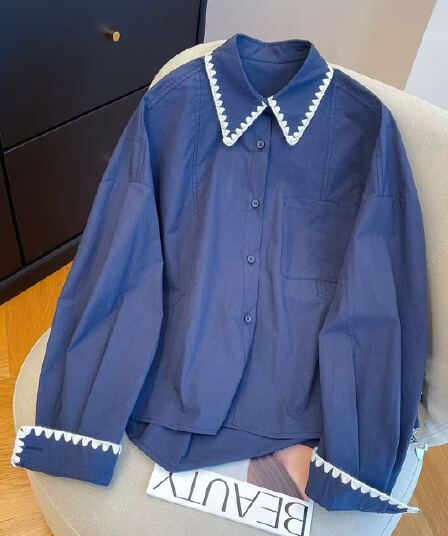 2026 여름 태양 보호 셔츠 한국 스타일 자수 배색 패치워크 폴로 칼라 긴팔 여성 셔츠 연령 감소 루즈핏 슬림해 보이는 셔츠