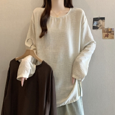 批发实拍新款圆领<b class='q'>衬衫</b>宽松大码显瘦简约小众设计感减龄苎麻上衣