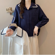 批发实拍秋装新款韩版刺绣撞色拼接翻领长袖衬衫减龄宽松显瘦衬衣上衣