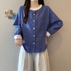 批发实拍秋装新款韩版设计感撞色减龄格子圆领宽松大码灯笼袖衬衫