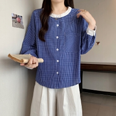 批发实拍秋装新款韩版设计感撞色减龄格子圆领宽松大码灯笼袖衬衫