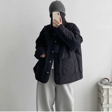 批发sun柚 复古葫芦纹菱格棉服女秋冬廓形轻薄宽松休闲无领<b class='q'>棉衣</b>外套